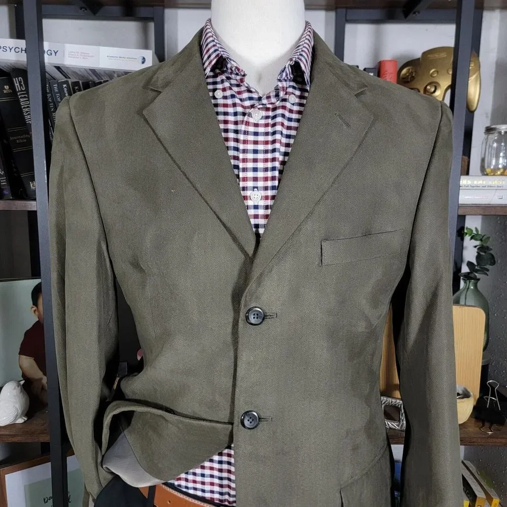 Stafford‎ Essentials Men's Sport Coat Three Button Olive Herringbone Poly Sz 40R
